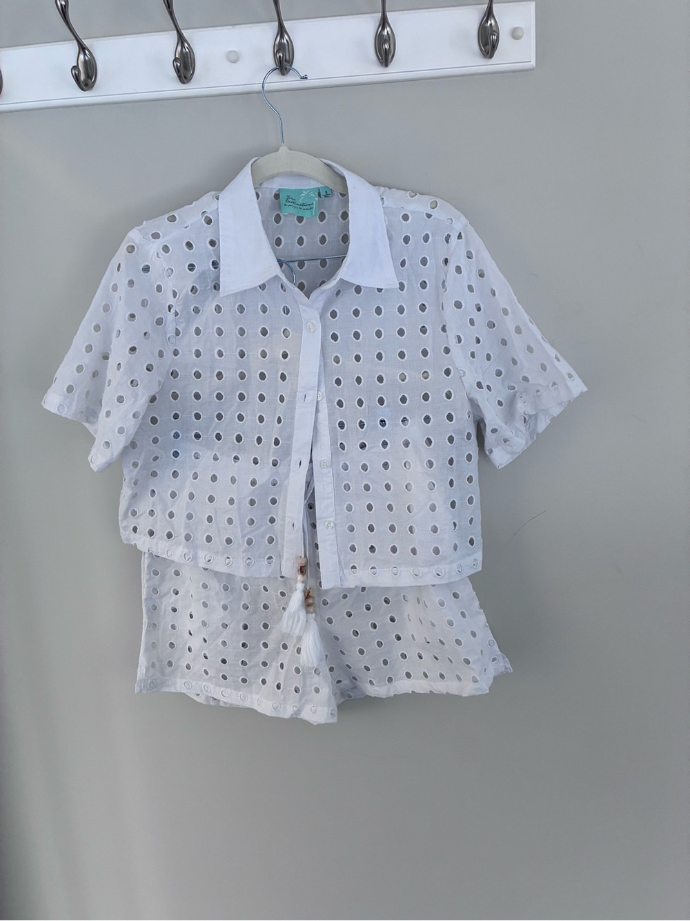 White Eyelet Swim Coverup Shirt with Tassel Detail